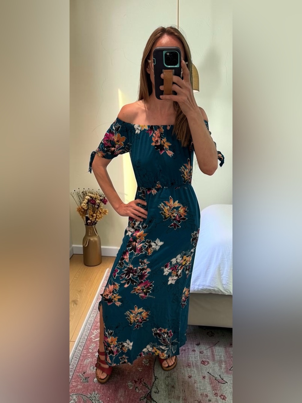 Teal Floral Off Shoulder Maxi Dress XS Boho Puff Sleeve Pockets Side Slit